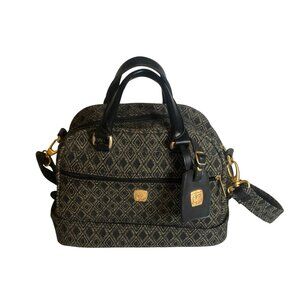 Pegasus Black Gold Diamond Tapestry Leather Satchel Bag Vintage Train Case